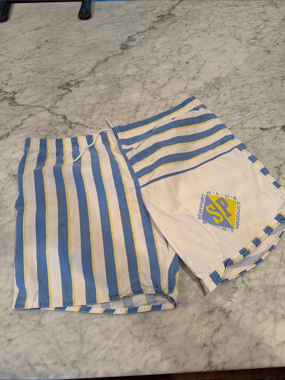 Newport Blue Sport Product: Blue, White & Yellow Striped Swim Trunks